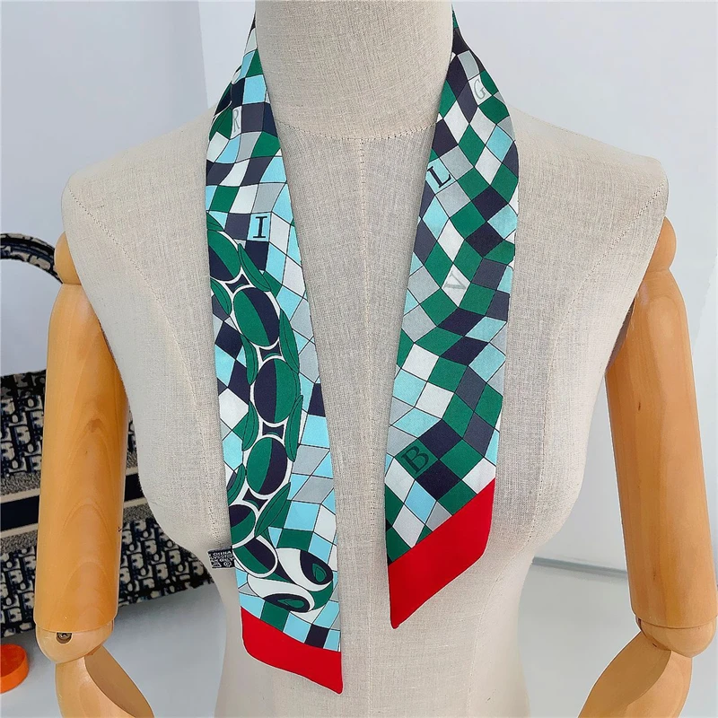 2022 Surround Scarf New Luxury Brand Women Small Silk Scarf Plaid Turban Handle Bag Ribbon Fashion Tie Long Scarf Headwear