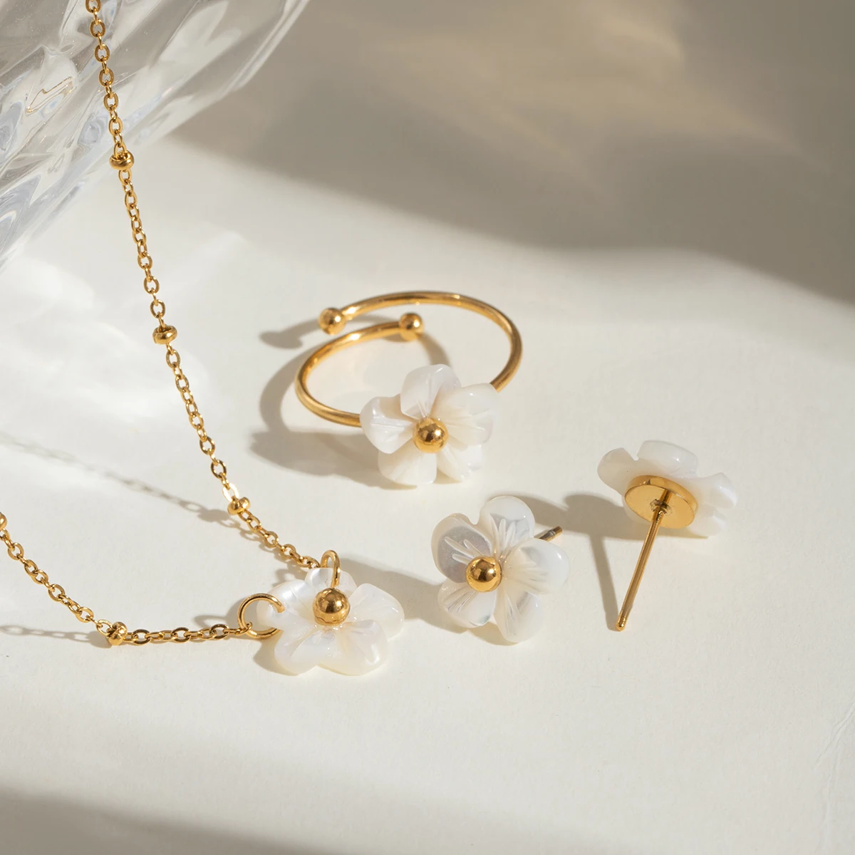 18K Gold Plated Stainless Steel Flower Open Ring & Necklace Set