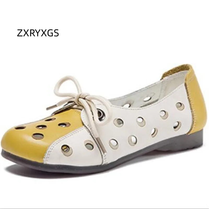 

ZXRYXGS 2023 New Genuine Leather Colored Sandals Summer Breathable Hole Flat Sandals Women's Soft Sole Anti Slip Women Flats