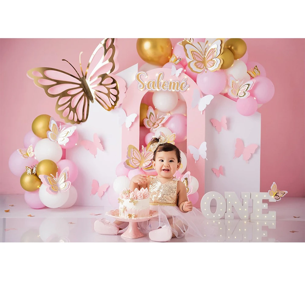 Prettiest Golden Butterflie Photography Backdrop Girl Birthday Cake Smash Photo Background Pink Balloon Decor Photo Studio Props