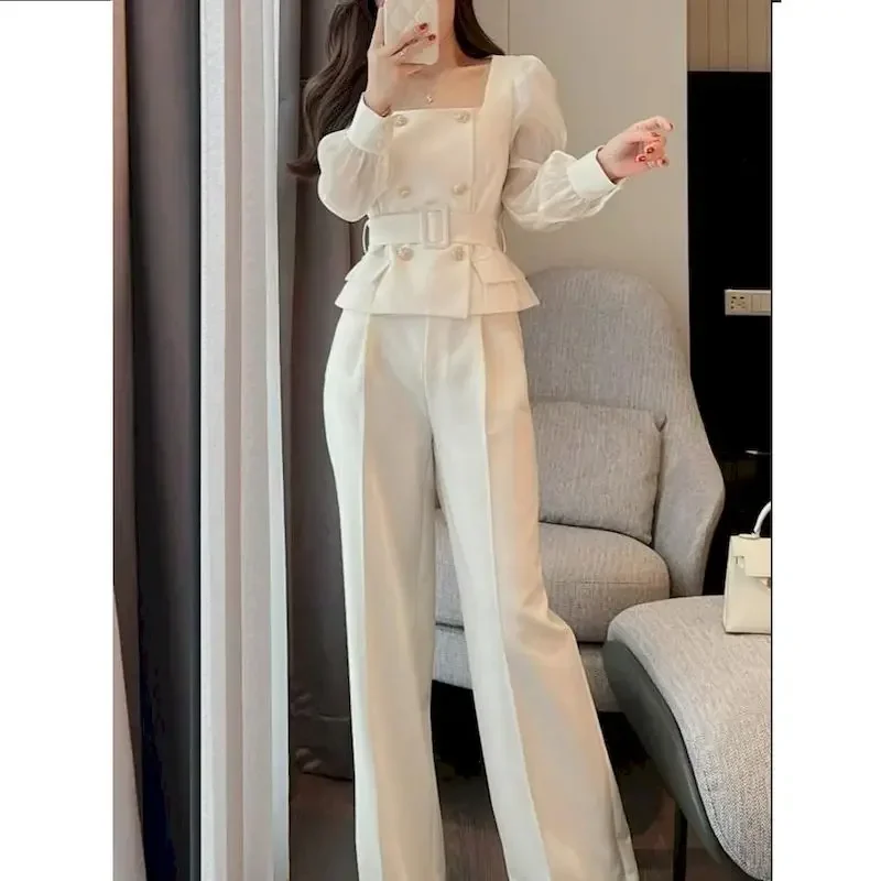 

Insozkdg Women Blazers Pants Two Piece Sets Spring Summer Korean Office Lady Graceful White Square Collar Tops Trousers Outfits