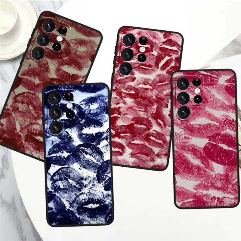 Cartoon Lips Pattern For Samsung Galaxy S26 S25 S24 Plus Ultra Lite Soft Black Straight Edge Phone Case Cover