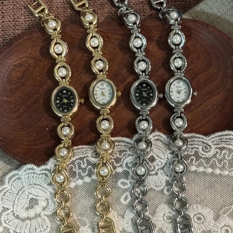 

Новые женские часы, элитный бренд, золотой браслет, винтажный жемчуг, маленький овальный циферблат, женские модные кварцевые наручные часы