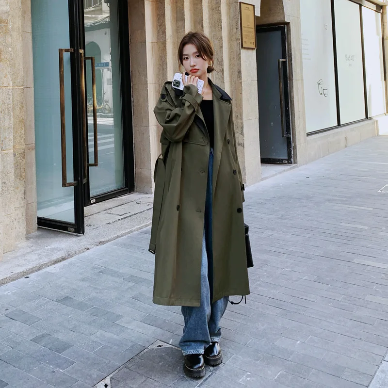 

SuperAen Korean Vintage Green Trench Coat Women's Spring Autumn 2024 New Style Long Trench Coat