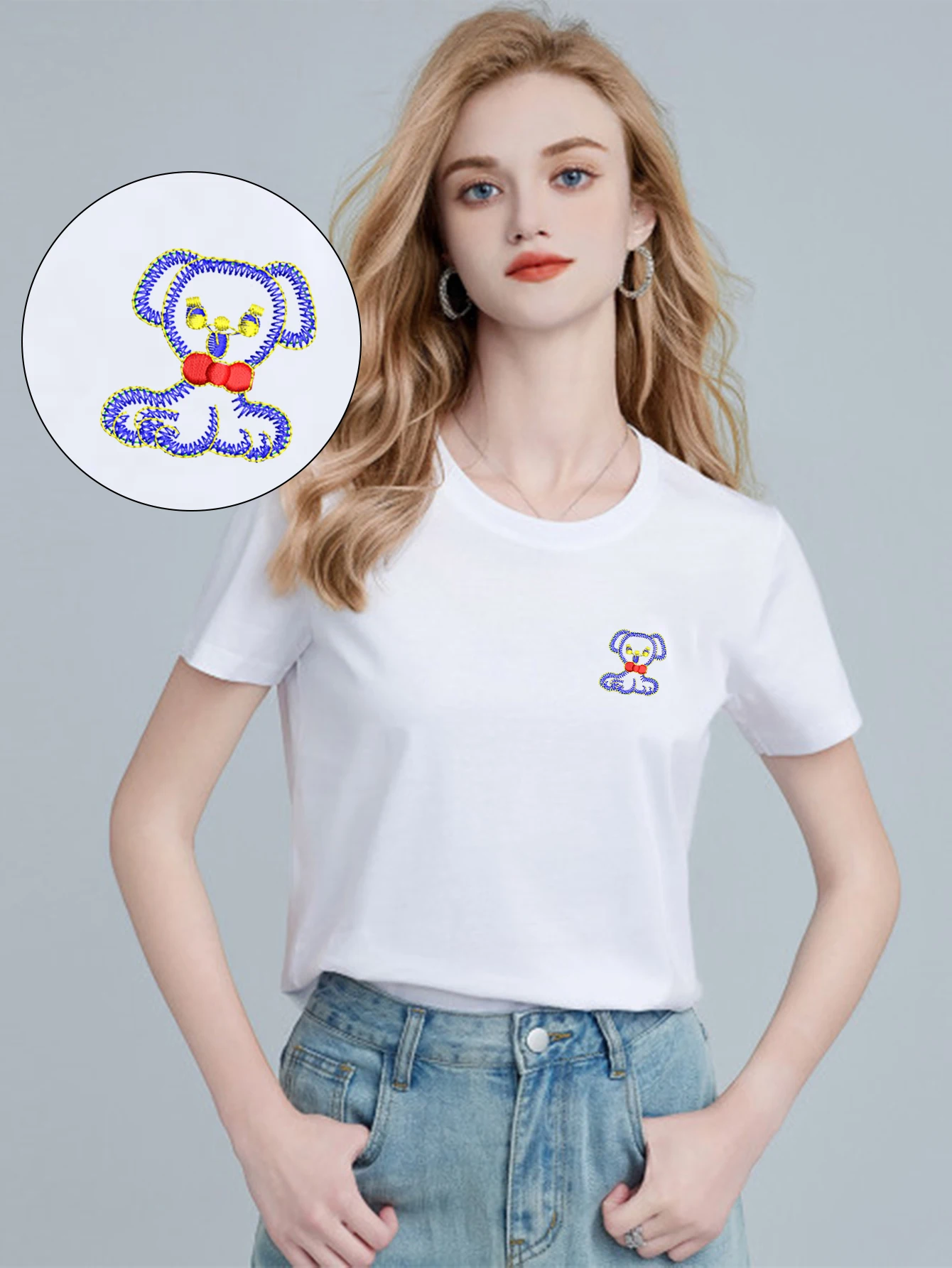 

Whimsical Men & Women Puppy Embroidered T-Shirt – Soft Cotton T-Shirts with Luxury Embroidery for Casual Outings