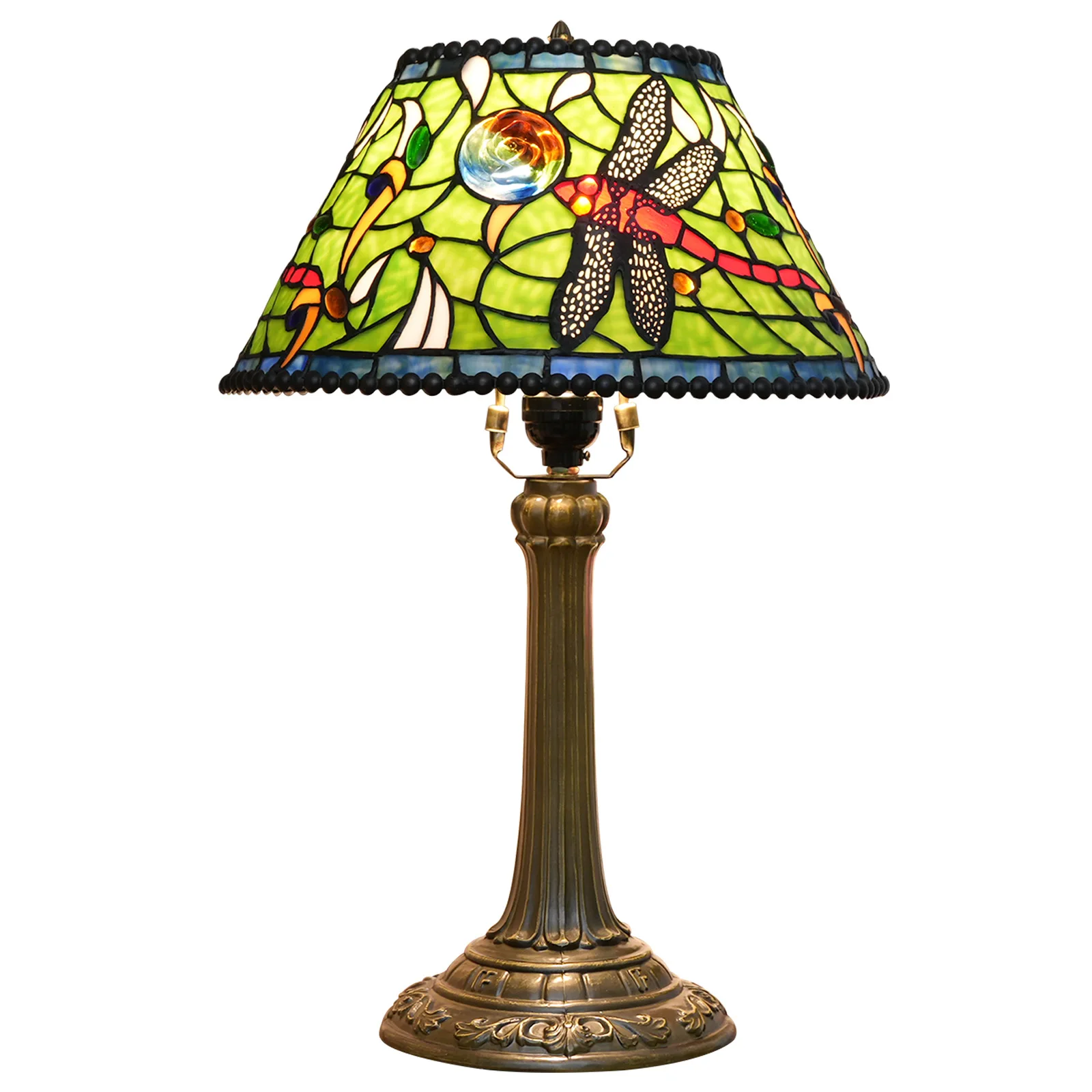 

12 Inches Lampshade Stained Glass American Dragonfly Flower Vintage Bronze Flush Mount Tiffany Table Lamp