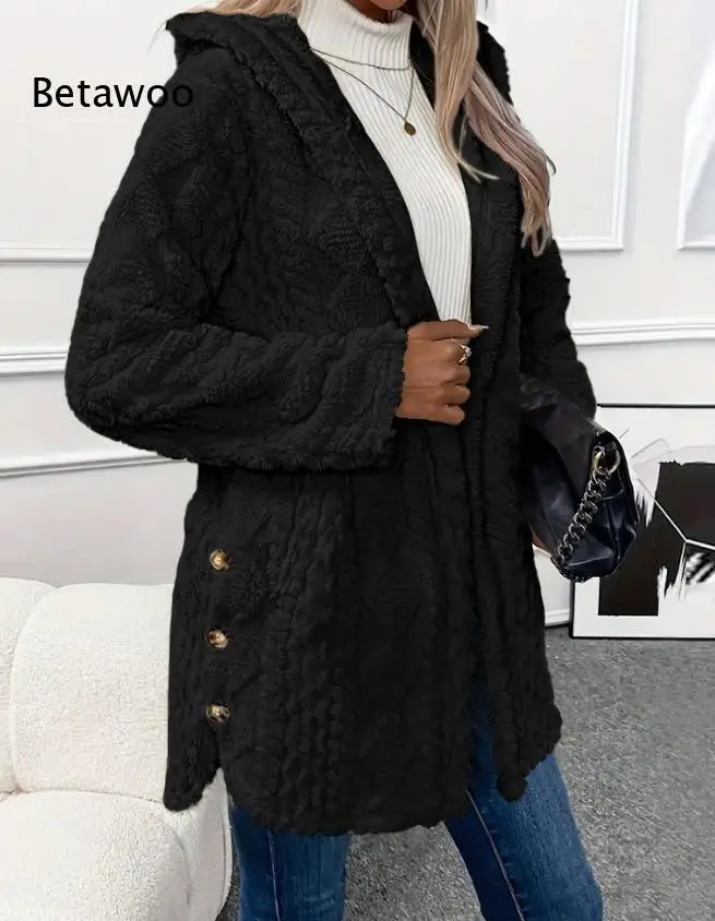 Women Cable Textured Fleece Hooded Cardigan Open Sherpa Fuzzy Coat Side Button Decor Long Sleeve Warm Winter Outerwear