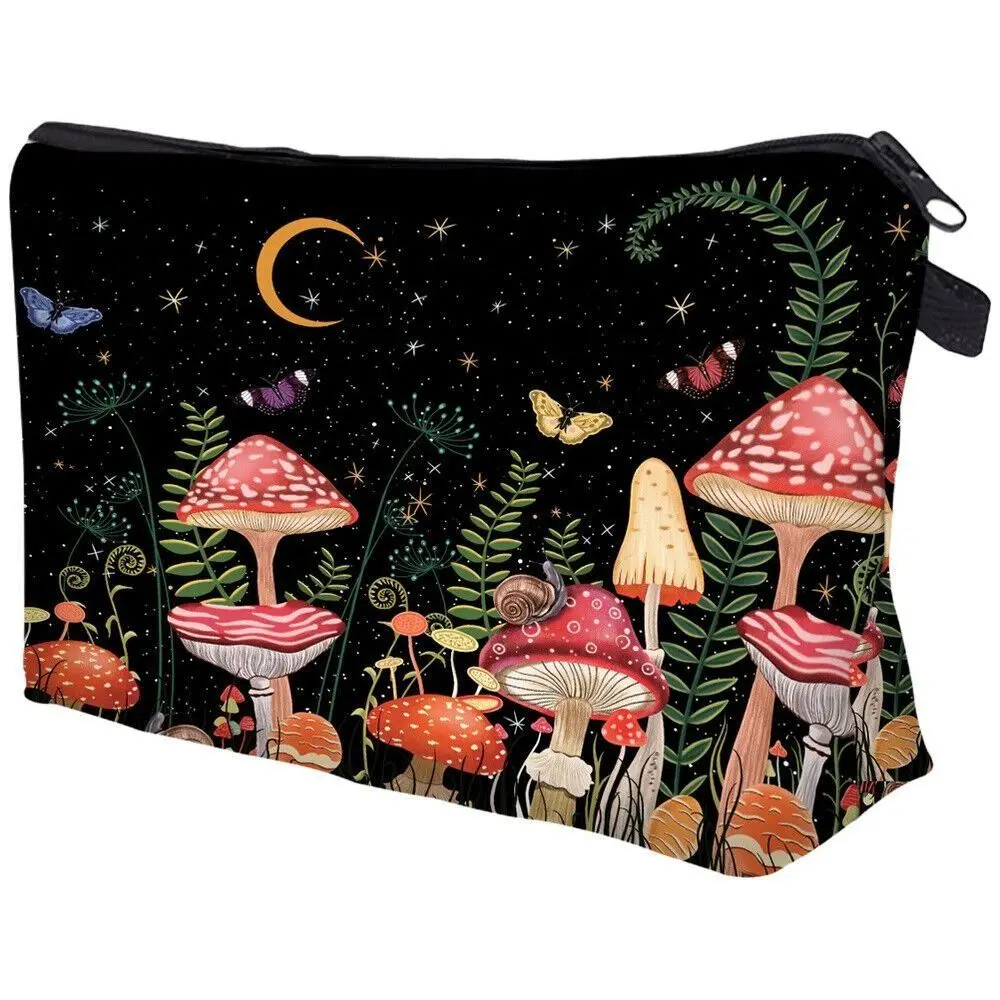 

Portable Mushroom Print Cosmetic Bag Polyester Zipper Travel Storage Bag Large Capacity Coin Purse