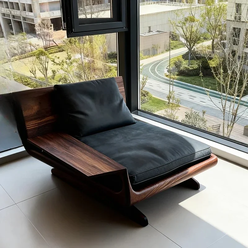 

Modern simple black walnut solid wood sofa chair single seat black leather back chair living room balcony leisure chair