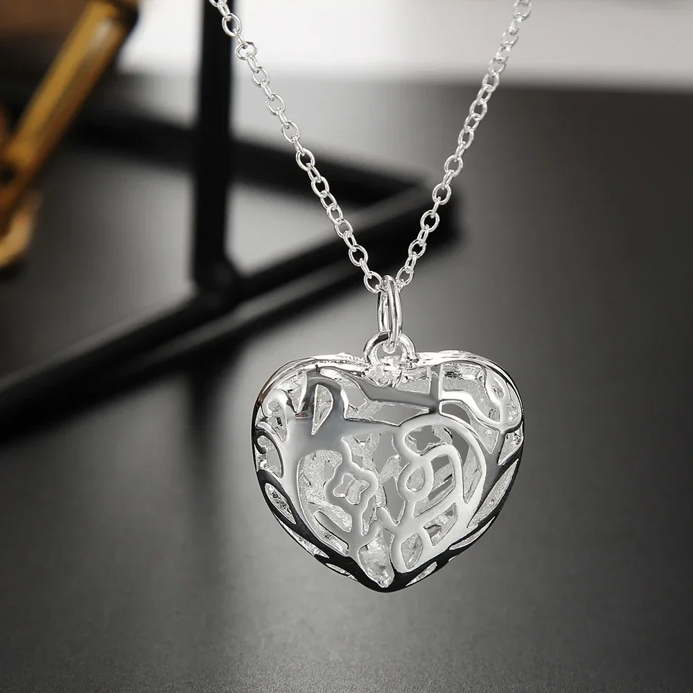 925 Sterling Silver Necklace For Women  Heart Pendant perspective hollow 18 inches Christmas gifts Fashion party Jewelry