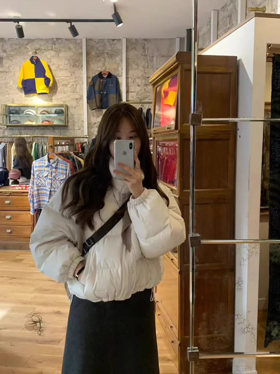 

Свободное женское пуховое пальто с воротником-стойкой в корейском стиле, зимняя теплая утолщенная верхняя одежда с длинными рукавами на молнии