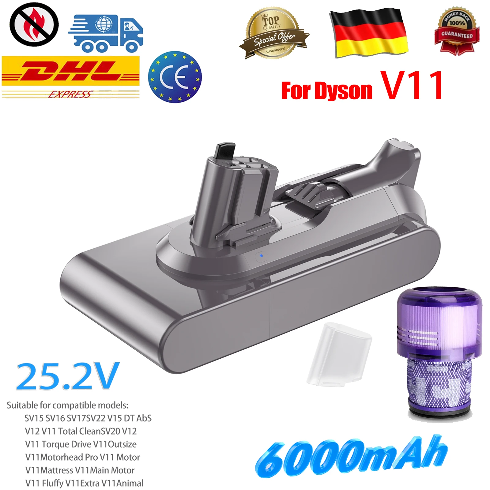 6.0 For Dyson V11 SV15 25.2V Battery Replacement Lithium Absolute Pro Fluffy Motorhead SV14 SV15 SV17 Battery Vacuum Cleaner