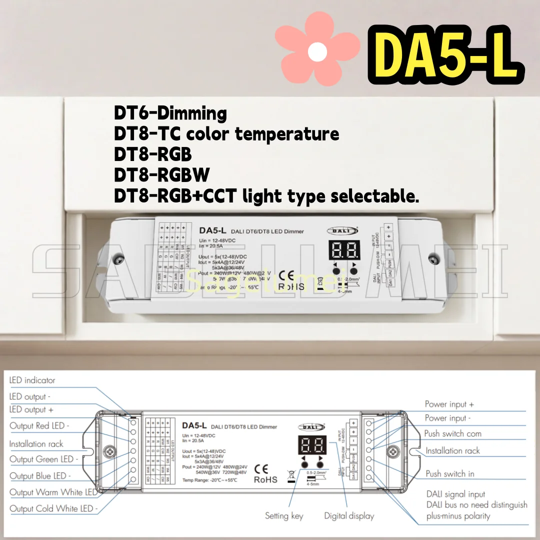 5 Channel CV DALI LED Dimmer DC12V-48V 5CH*4A 24V Controller Constant Voltage DA5-L(DT6/DT8) For RGBCCT RGB LED Strip Light Tape