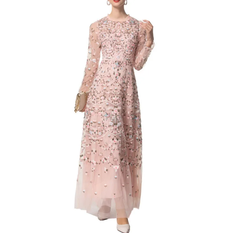 QMQA  Fashion Women's Evening Dresses O Neck Long Sleeve Hollow Out Embroidery Elegant Maxi Dress 2025 Female Clothing 1A223