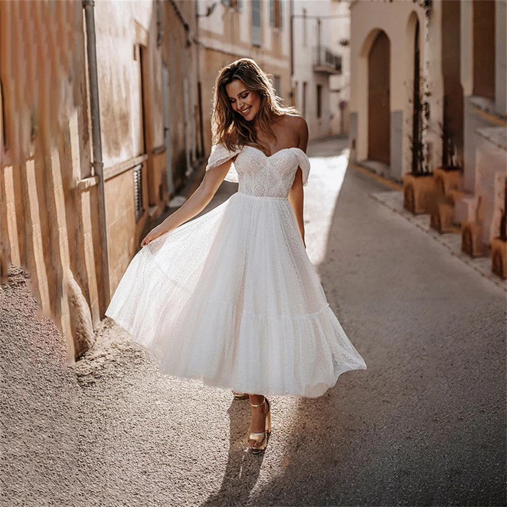 Boho Short A Line Wedding Dresses 2022 For Women Lace Appliques Bride Gowns Backless Custom Made Anke Length Robe De Mariee