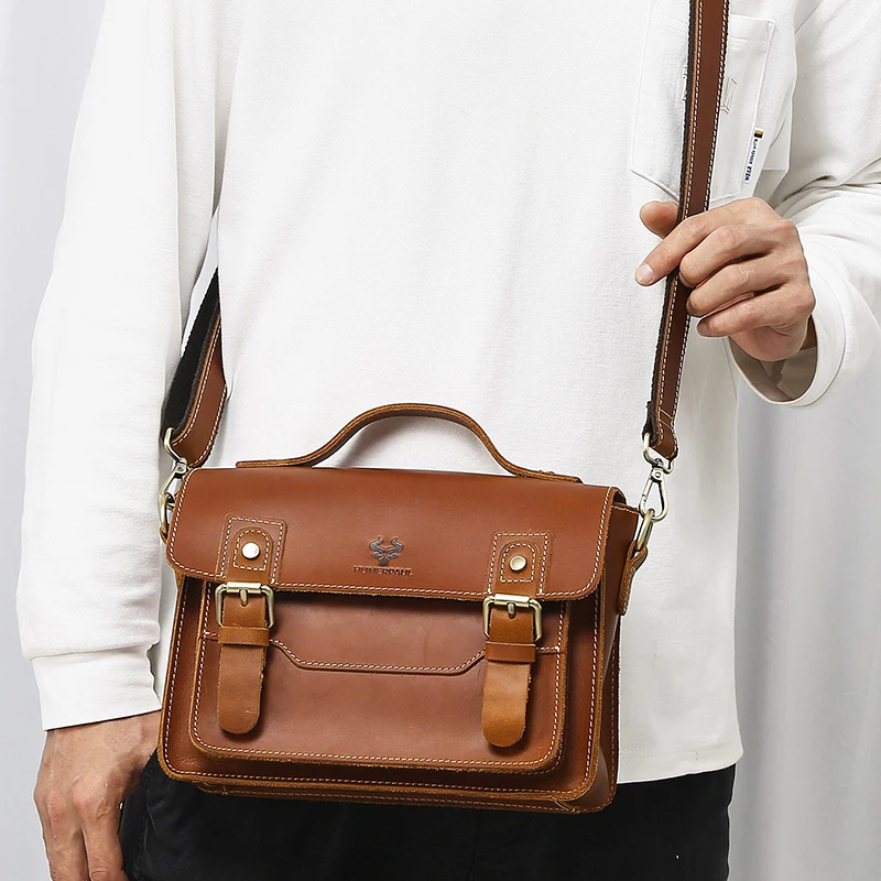 Men'S Shoulder Bag Top Layer Genuine Leather Cowhide Vintage Briefcase Tote Handbag Messenger Crossbody Side Portable Square Bag - view 3
