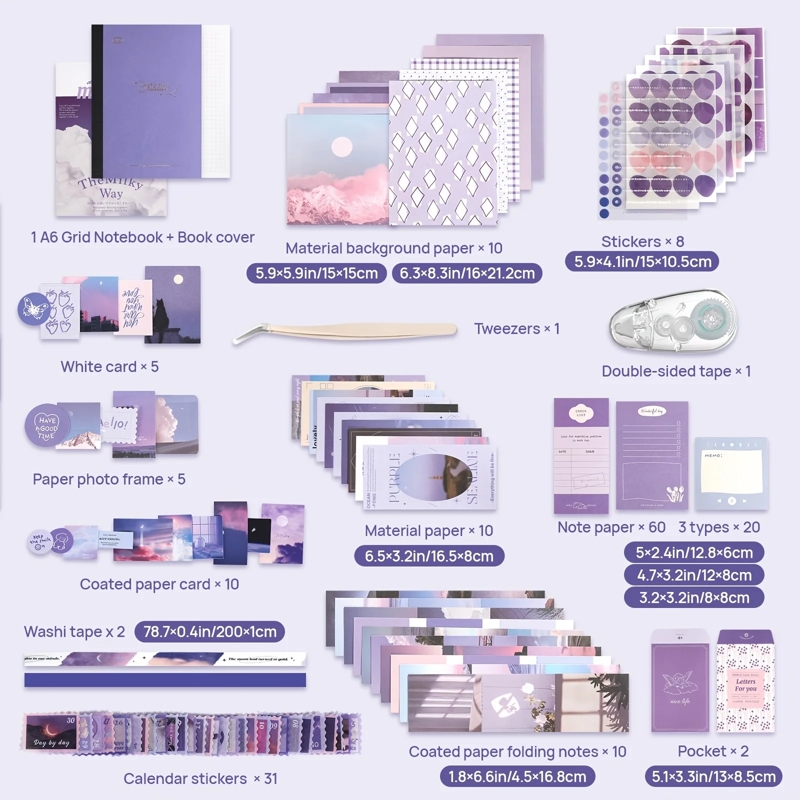 Purple Aesthetic Scrapbook Journal Kit All-in-One with Adhesive Dots & Tweezers, Complete DIY Junk Journal Craft Supplies Set