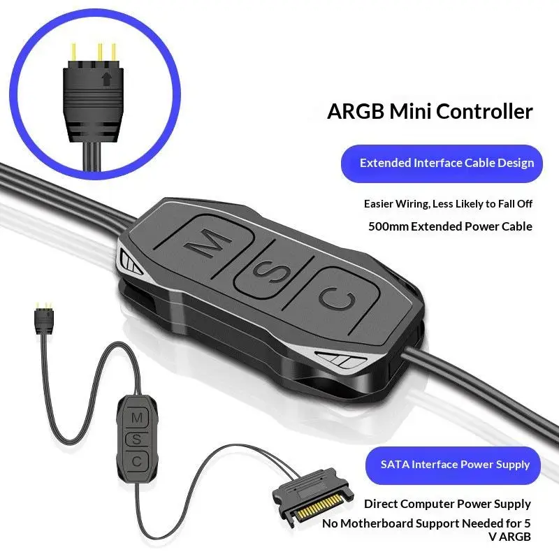 ∘5V 3-Pin ARGB Controller Hub Adapter SATA Power Supply for Gaming PC Case RGB Light Strip Fan Sync Control