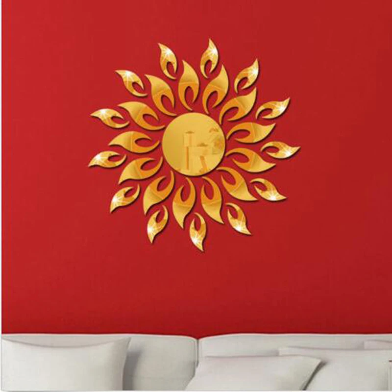 Pegatina de pared plateada para habitación, decoración artística de techo, extraíble, forma de espejo, Sol moderno