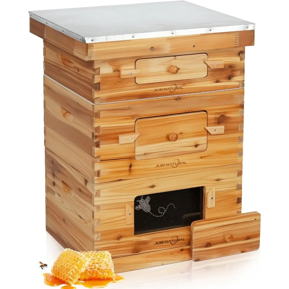 Bee Hive Starter Kit, Ten Frame Langstroth Design, Two Deep And One Medium Beeswax Coated Boxes, For Beekeepers