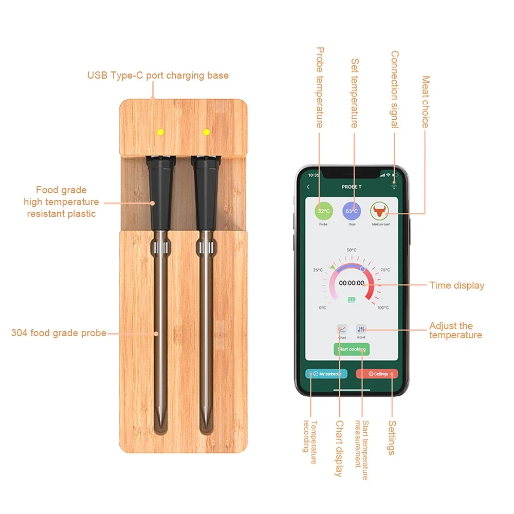 Wireless Meat Thermometer Remote Digital Kitchen Cooking Food Grill Meat Tools Smart Bluetooth Grill Thermometer for Oven Grill