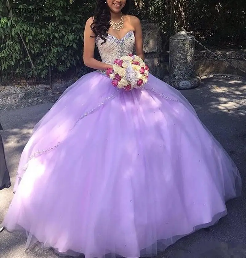 

2021 Quinceanera Dresses Lilac Tulle Ball Gown Beaded Sequins Sexy Sweetheart Backless Long Girl Birthday Party Gown for 16 Year