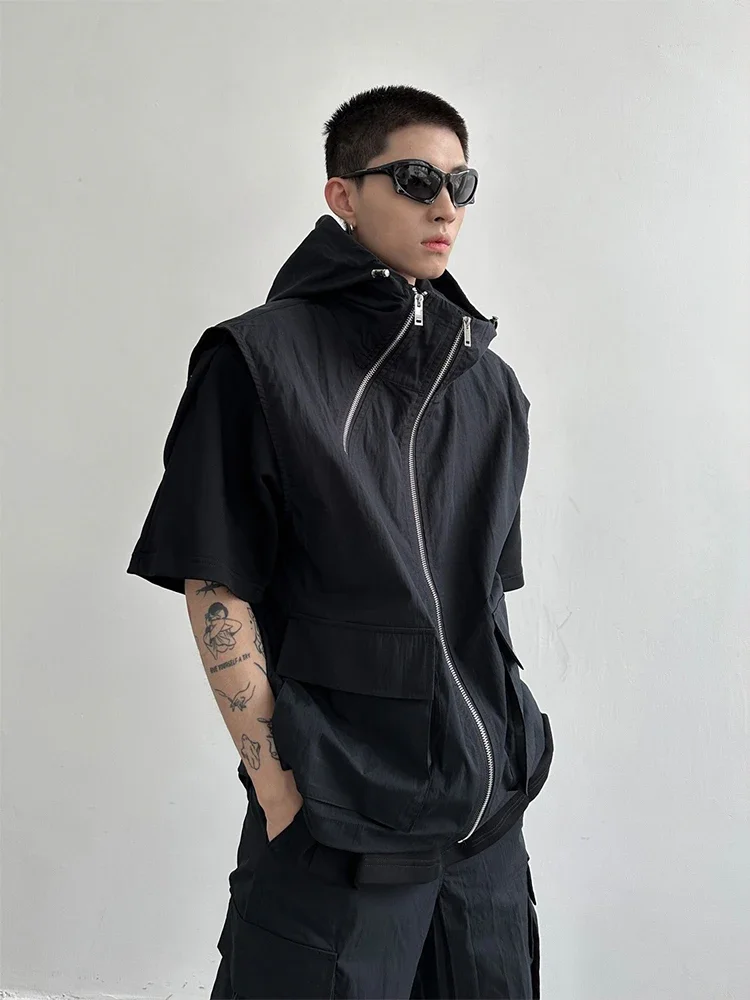 Houzhou Cargo hose setzt Weste Kapuze Sommer 2 Stück Outfit japanischen ärmellosen Anzug männlich koreanische Streetwear Hip Hop plus Größe 5xl