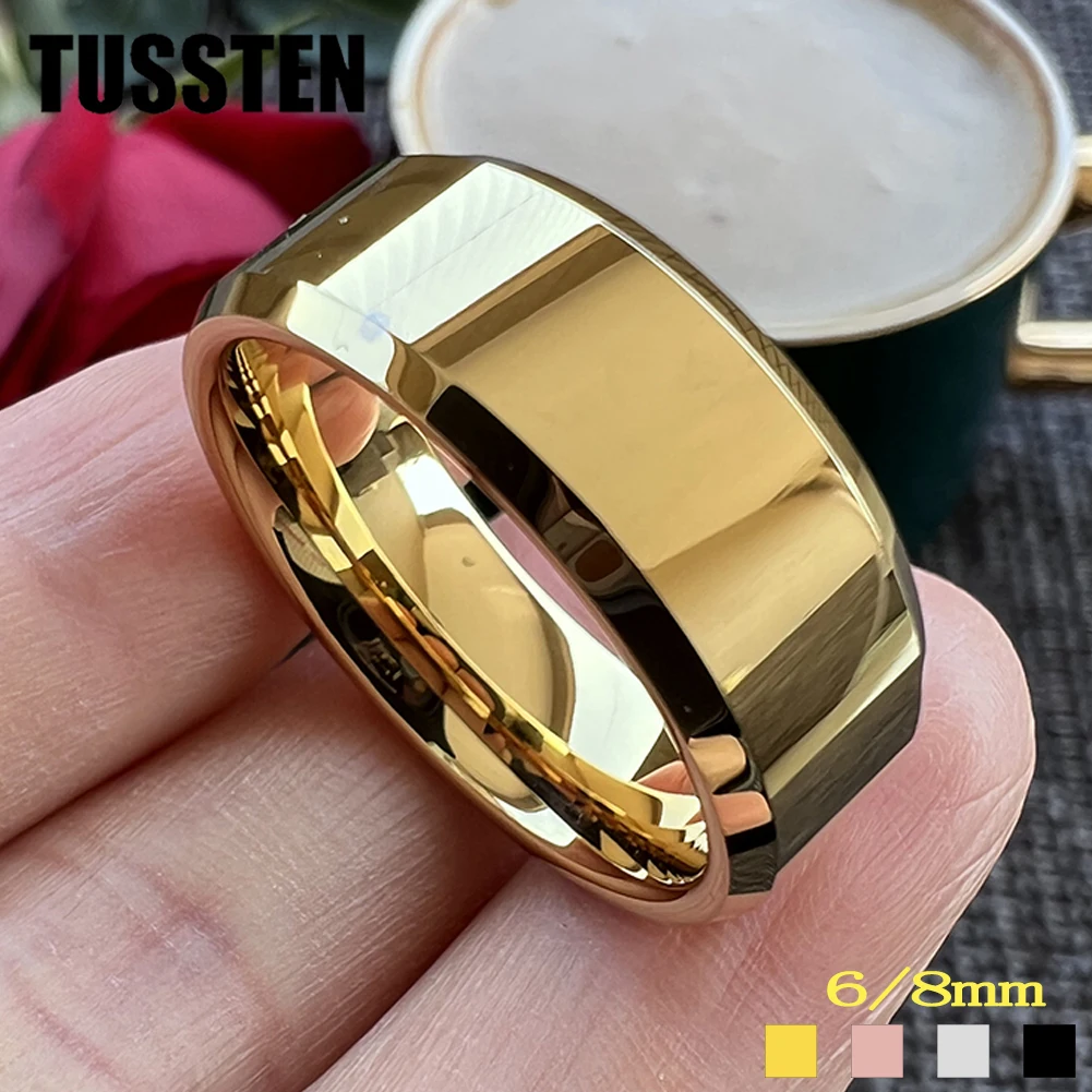 TUSSTEN 6/8MM Men Women Tungsten Engagement Wedding Band Ring  High Polished Beveled Finish Comfortable Fit