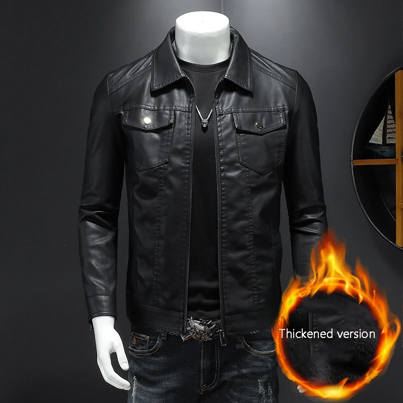 Men\'s lapel leather jacket autumn oversized slim motorcycle riding suit winter thickened PU leather waterproof work clothes