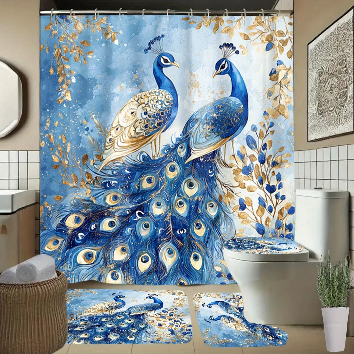 

Peacock Feather Blue Pattern Shower Curtain with Hooks, Bathroom Partition Curtains, Home Decor Accessories, All-Season Elegant