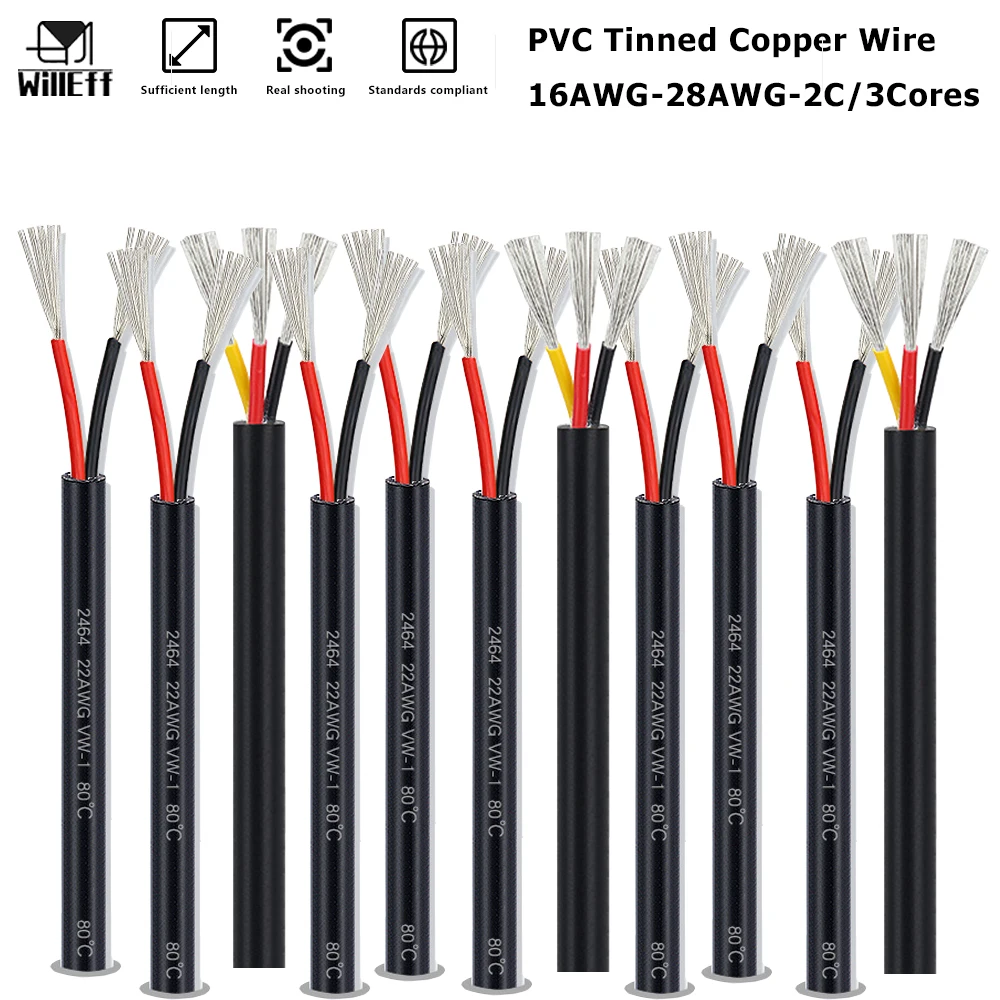 Black PVC Sheath wire Tinned Copper wire Soft Jacket cable 2Cores Electrical wires 3Cores Electric cable DC 12V Protected cable