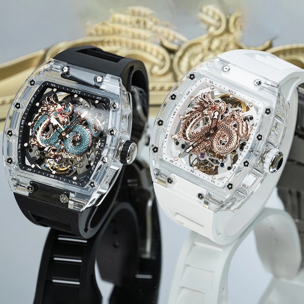 AJUT Crystal Automatic Tourbillon Movement Men Watch Dragon Dial Transparent Flying Tourbillon Mechanical Watches For Man 0571