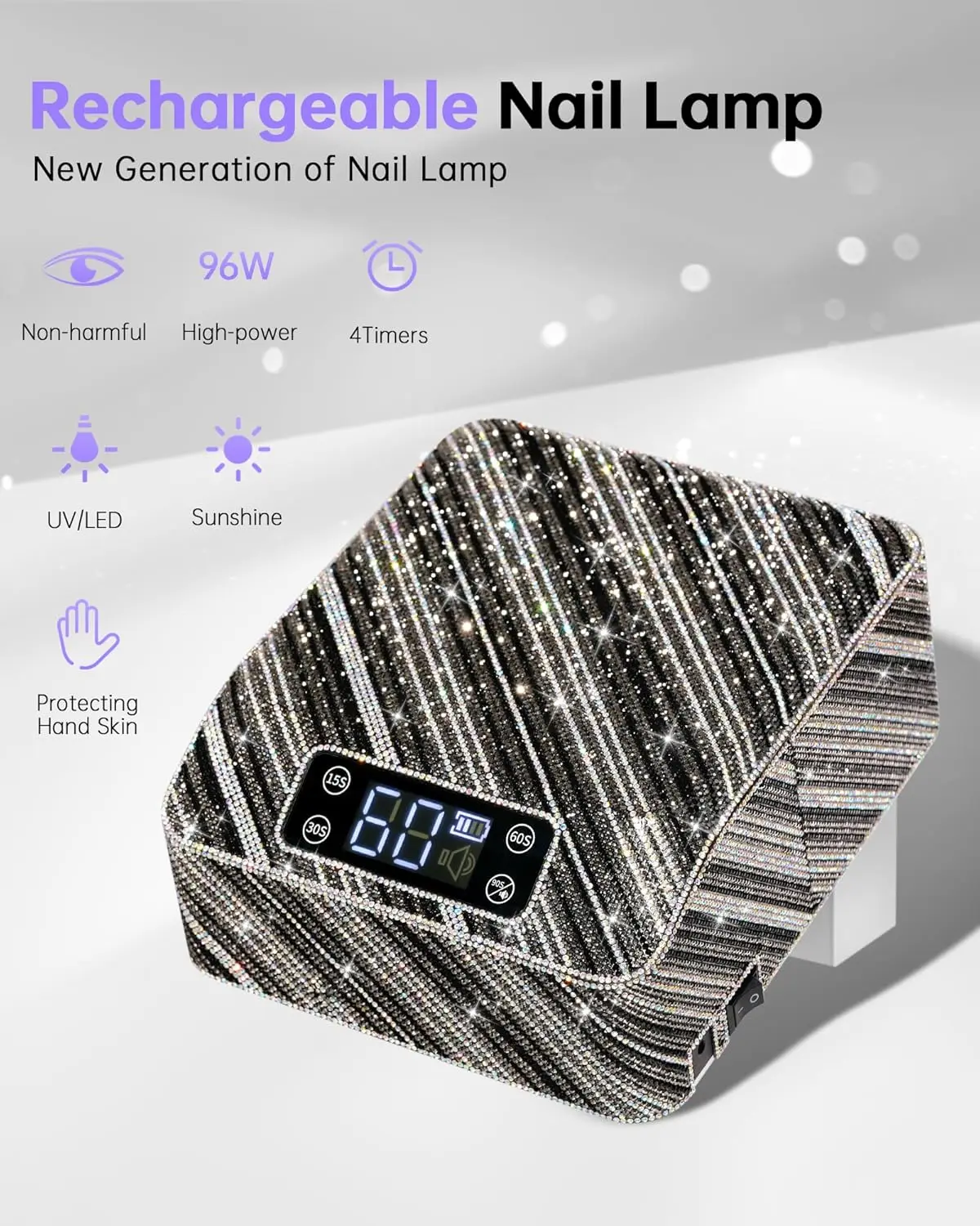 مصباح أظافر بالأشعة فوق البنفسجية قابل لإعادة الشحن، مجفف طلاء جل LED مع مؤقت ومستشعر تلقائي، تصميم زيبرا دايموند