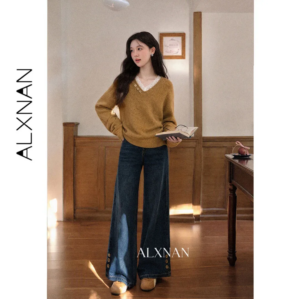 ALXNAN Women's Vintage Blue Bootcut Jeans 2026 Autumn Loose-fit Straight Wide-leg Long Pants Elegant Baggy Trousers L681153A