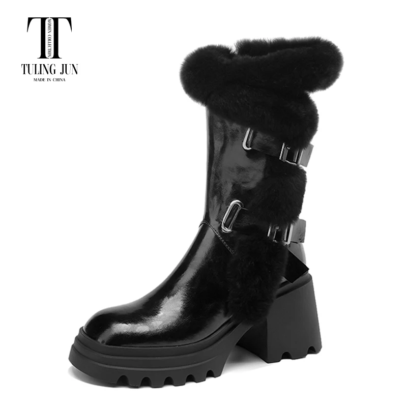 TULING JUN 2023 New Autumn With Thick Soles Rabbit Fur Medium Long Women's Boots Square Toe Comfort Fashion Shoes For Women L