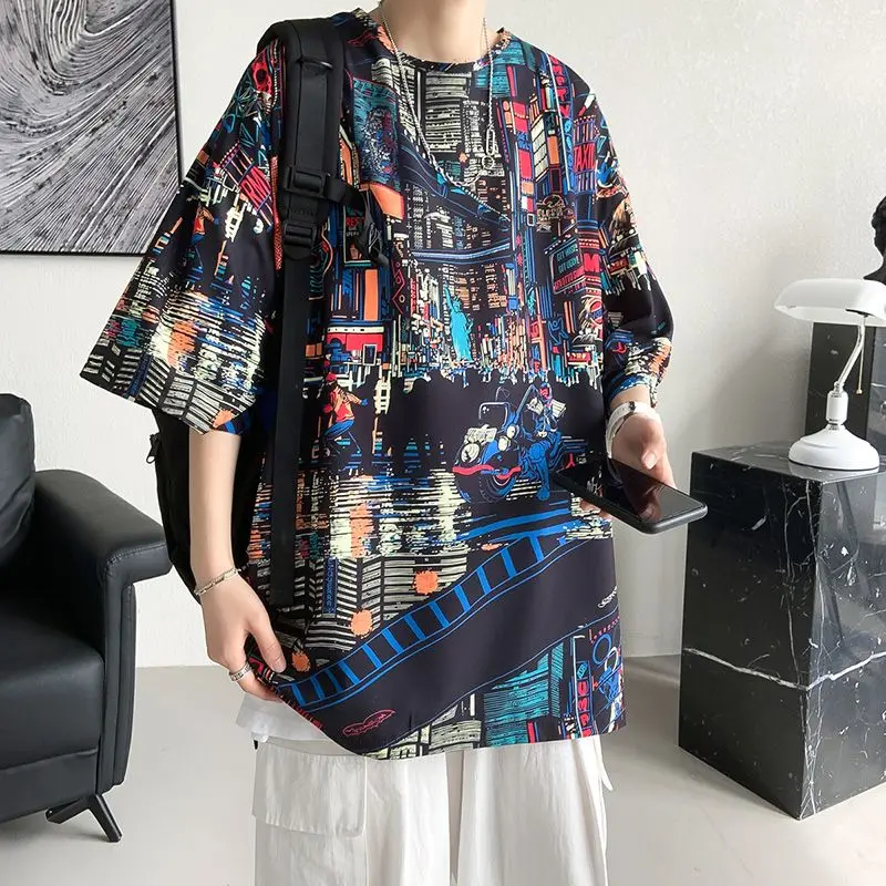 Men's Plus Size American Style Short Sleeve T-Shirt New Summer Trendy Ins Graffiti All Over Print City Boy Design Fit 50-150kg​