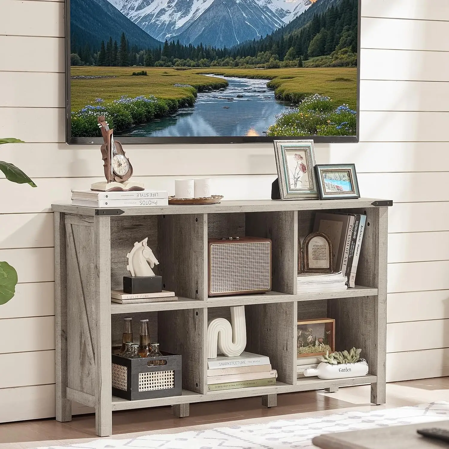 6 Cube Wooden Storage Organizer, 47 Inch Rustic Oak Bookcase, Kids Toy Cabinet, Open Shelf for Living Room & Hallway, Customized