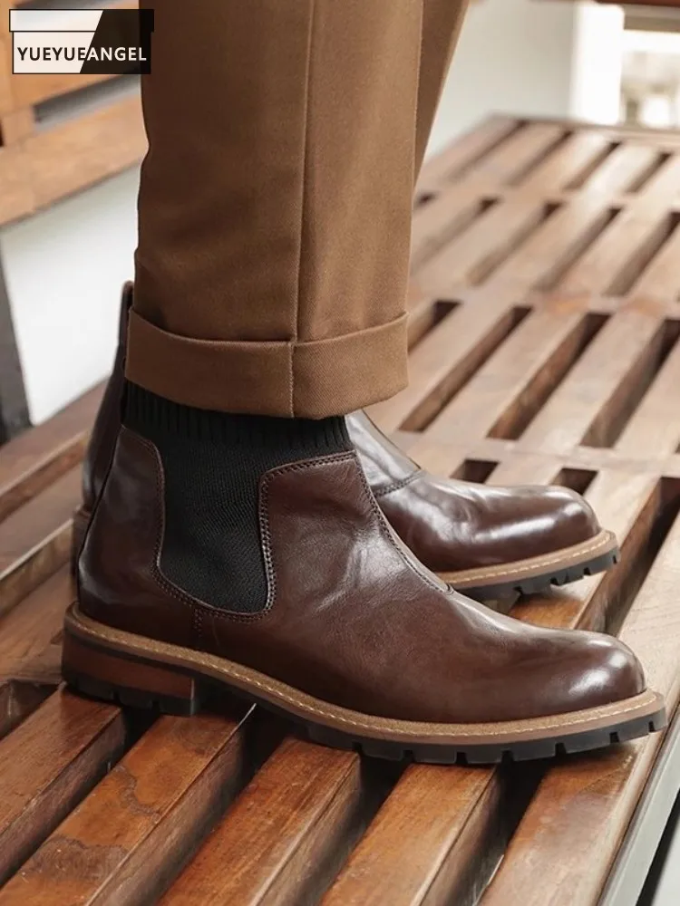 Retro Genuine Leather Mens Chelsea Boots Patchwork Slip On Round Toe British Style Business Casual British Style High Top Shoes