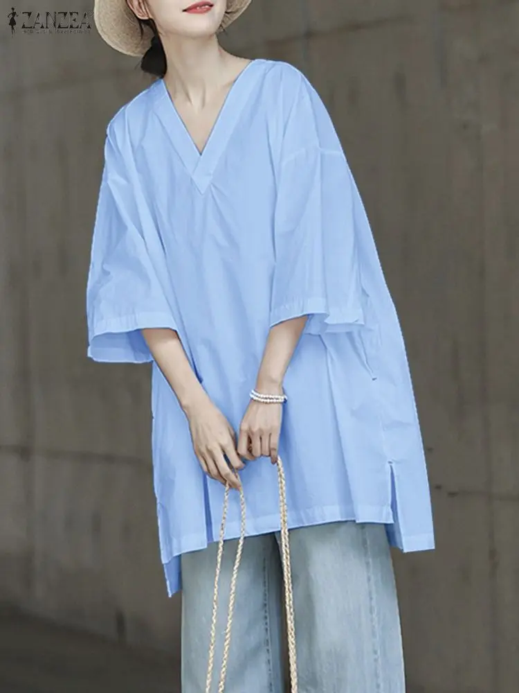 เสื้อผู้หญิงทรงหลวม ZANZEA รุ่นปี 2025 สำหรับฤดูใบไม้ร่วง คอวี แขน 3/4 เสื้อเบลาส์ลำลอง สีพื้น เนื้อผ้าบางเบา เสื้อทำงานผู้หญิงทรงโอเวอร์ไซส์