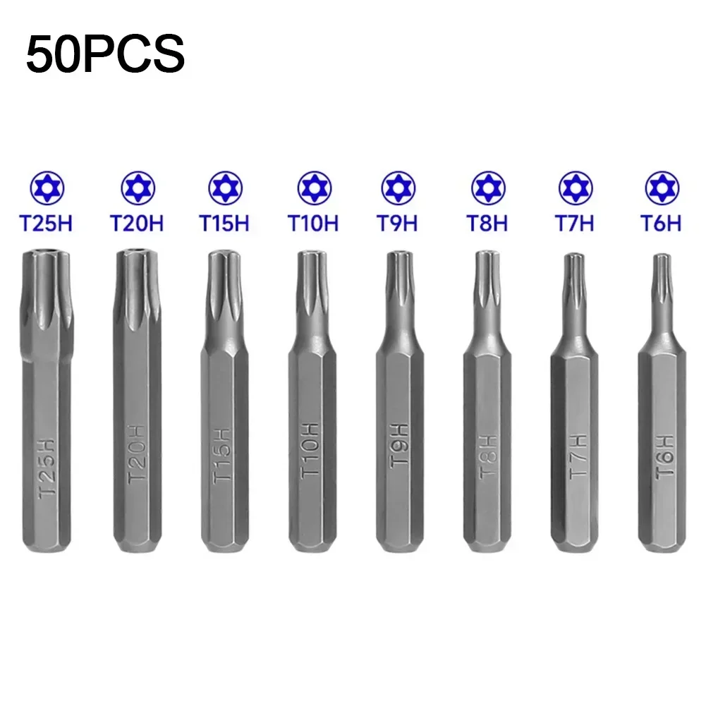 50pcs 4mm Small Hex Shank Screwdriver Bits Set T6H/T7H/T8H/T9H/T10H/T15H/T20H/T25H For Torx Plum Blossom Head Hand Tools