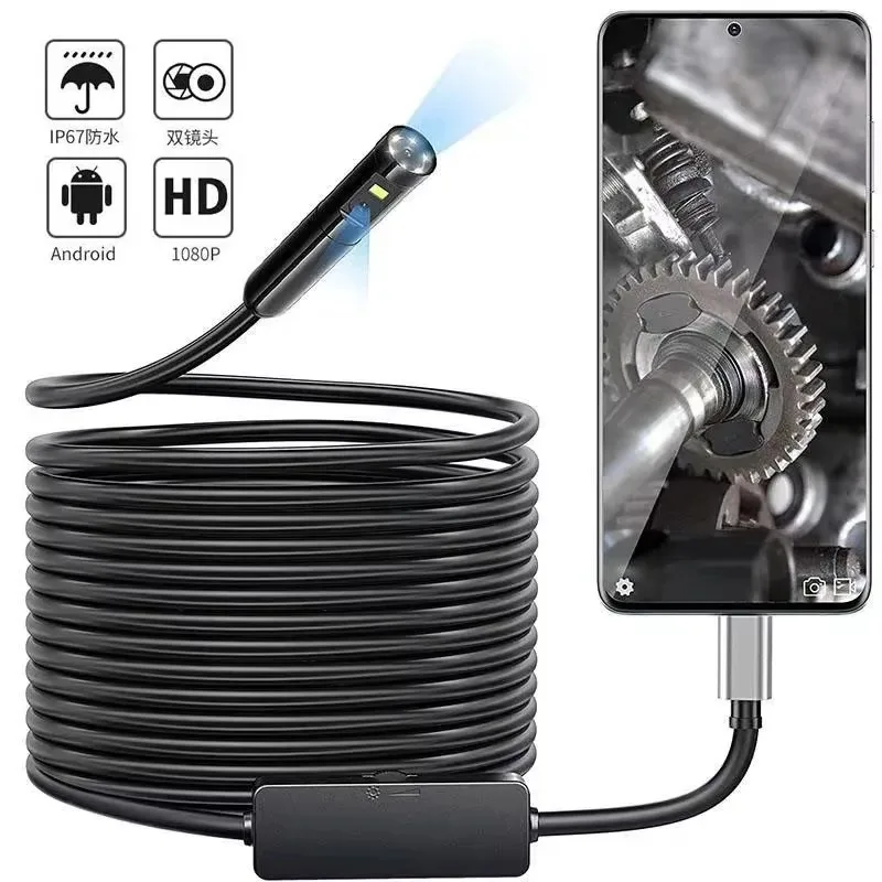 Câmera endoscópica dupla HD com lente de 5,5 mm e 8 mm e IP67 à prova d'água, adequada para telefones Android, com cabo macio e rígido