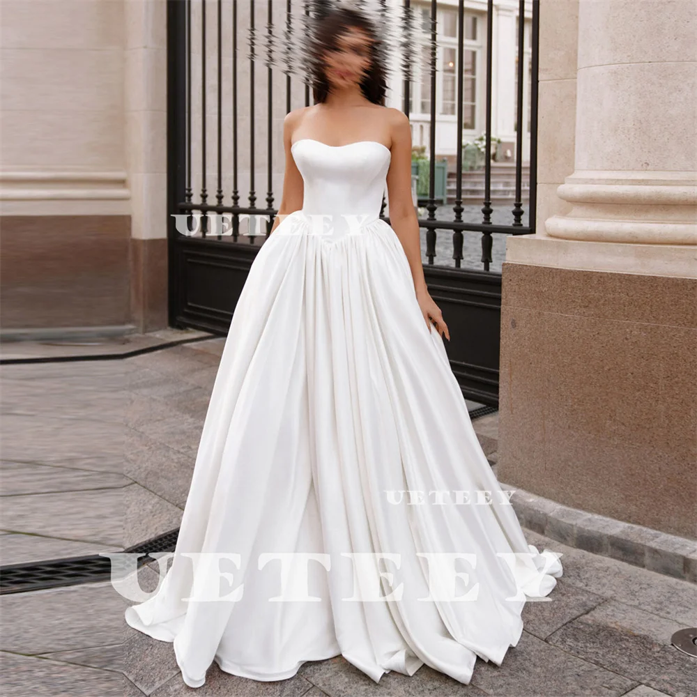 UETEEY Customized Simple Sweetheart Strapless Crepe Wedding Dress A Line Zipper Back Floor Length Court Train Bridal Gown