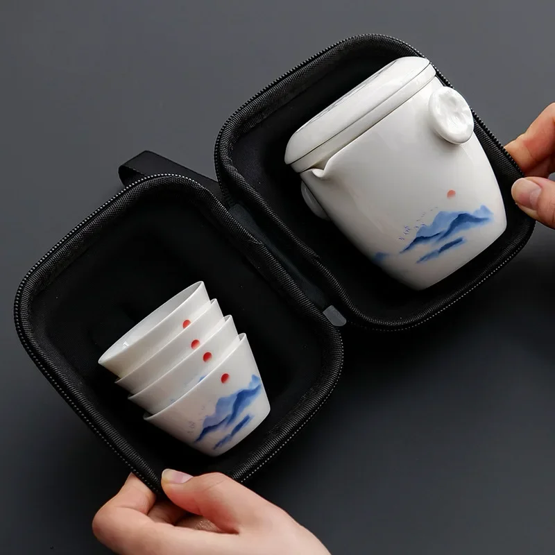 Luxury Chinese Ceramic Portable Travel Tea Set One Pot Four Cups Outdoor Car Camping Tea Accessories Teacup Gong Fu Tea Cup Set