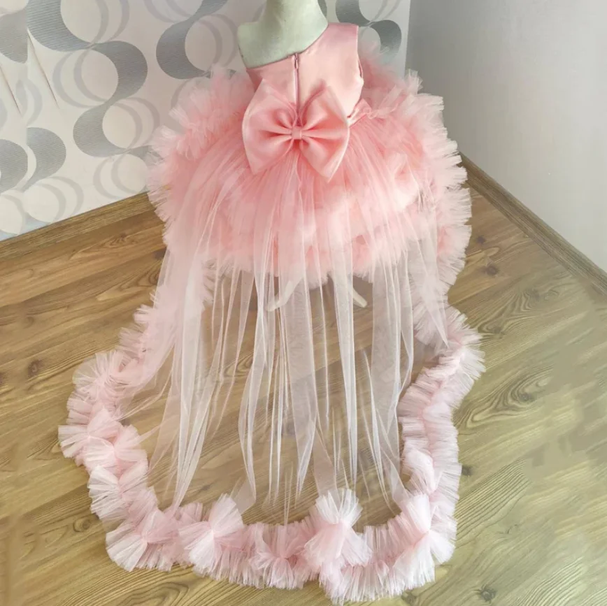 New Custom Flower Girl Dresses Pink Tulle With Detachable Tail Headbow Baby Girls Birthday Party Gowns