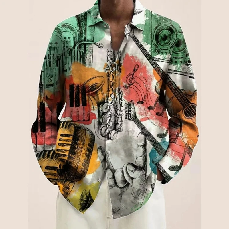 Music Series Print Men's Shirts Casual Single-Breasted Blouses Long Sleeve Shirt Streetwear Lapel Tops Trend Tops Men Clothing