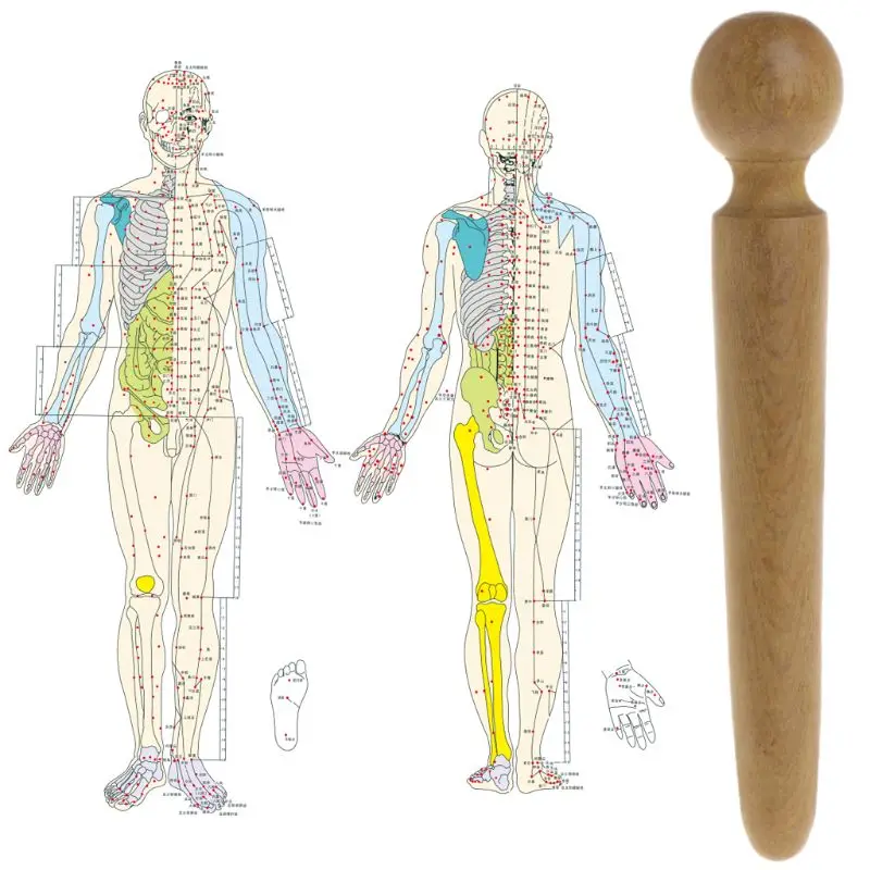 Masaje corporal pies, palo madera, acupuntura, reflexología, alivia dolor muscular