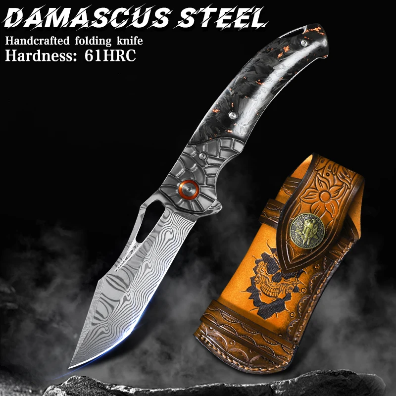 

High-quality Damascus steel pocket knife with carbon fibre handle, suitable for outdoor camping, hiking and EDC utility knife.