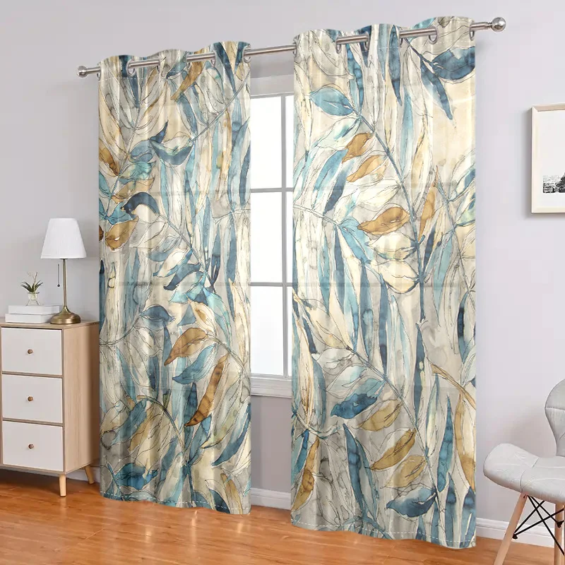 2 pieces, retro art plant leaf pattern semi blackout curtains - perforated processing - living room, bedroom, home decoration