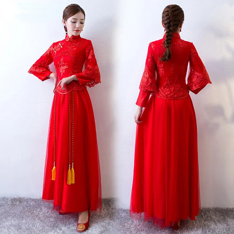 

Chinese Traditional Bride Wedding Toast Costume Ancient Oriental Party QiPao Lady Slim Princess Choengsam Vestidos Mini Qipao