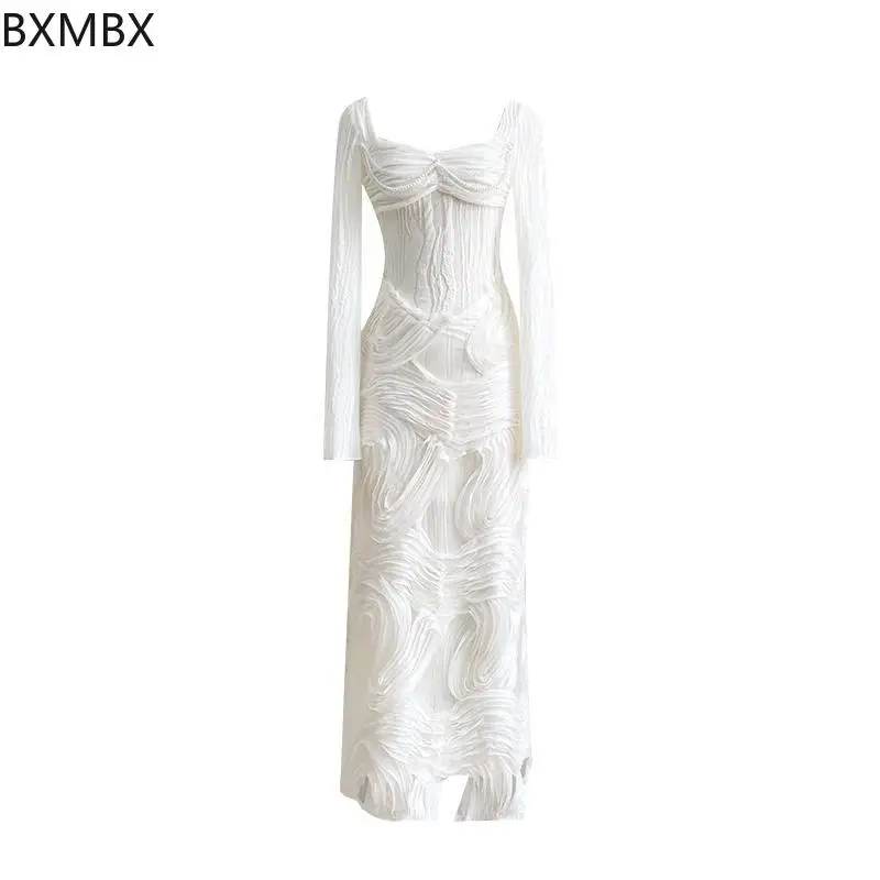 الفرنسية رومانسية الملمس الأبيض الربط تصميم سخية الرقبة محبوك فستان bodycon فستان فيستدو feminino #2